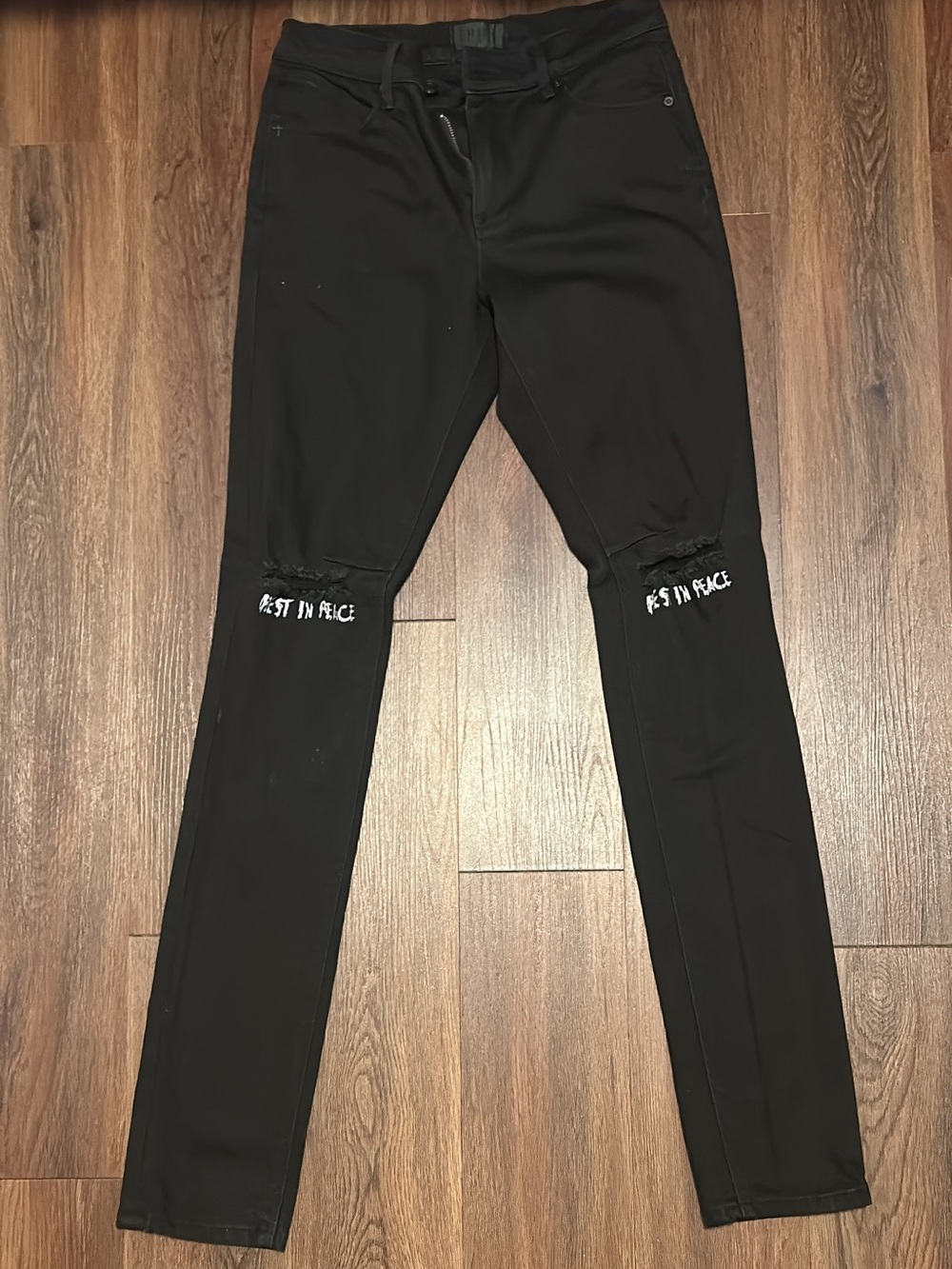 RtA Black Graphic Knee-Rip Skinny Pants